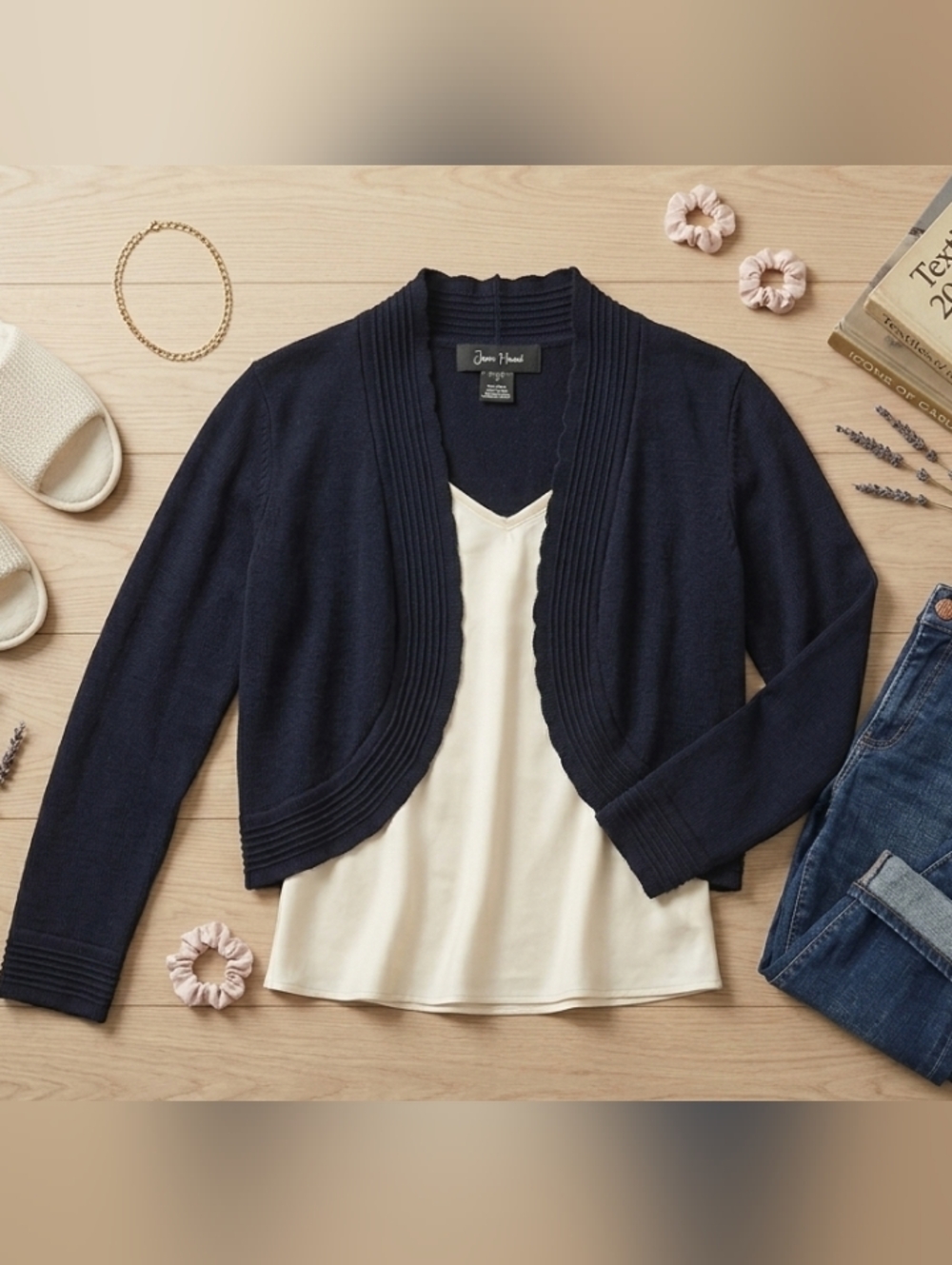 Jessica Howard Navy Scalloped Ribbed Cropped Cardigan